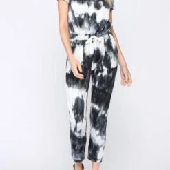 Top 10 🔔 Fate 👩 women ONE SHOULDER TIE DYE JUMPSUIT in Ivory Charcoal ⌛