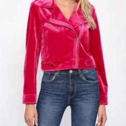 Coupon ⌛ Fate 👩 women Tiff Velvet Moto Jacket in Magenta 🔔