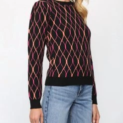 Budget 🎁 Fate 👩 women Geo Knit Puff Sleeve Sweater in Black 🎉