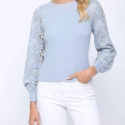 Best reviews of 🔥 Fate 👩 women Eyelet Contrast Sleeve Sweater in Blue Stone 🔔