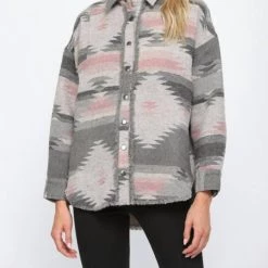 Flash Sale 🌟 Fate 👩 women Aztec Fringed Hem Shacket in Grey/Blush 💯