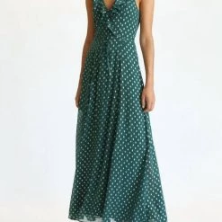 Top 10 🎁 Fate 👩 women Gold Foil Polka Dot Ruffle Neck Maxi 👗 Dress in Ash Teal 🤩