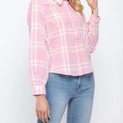 Cheapest 🎁 Fate 👩 women Colette Plaid Button Down 👚 Shirt in Pink Multi 🎁