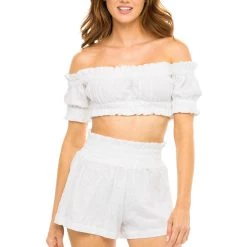 Wholesale 🌟 JMP The Label 👩 women Sunset Off The Shoulder Smocked Crop Top - Magnolia Linen 🌟